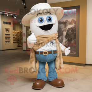 Tan Ice mascot costume character dressed with a Jeans and Brooches