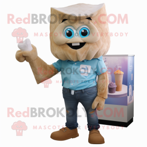 Tan Ice mascot costume character dressed with a Jeans and Brooches