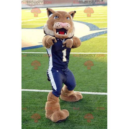 Mascota de tigre león marrón en ropa deportiva azul -