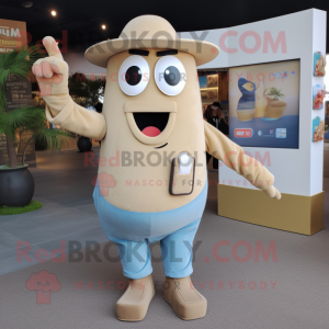 Tan Ice mascot costume character dressed with a Jeans and Brooches