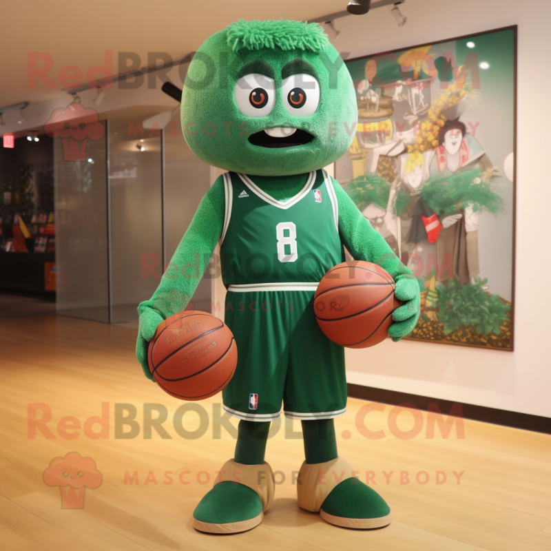 Forest Green Basketball Ball mascot costume character dressed with a Sweatshirt and Suspenders