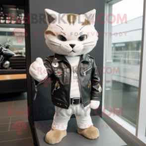 Cream Cat mascot costume character dressed with a Biker Jacket and Tie pins