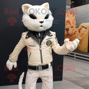 Cream Cat mascot costume character dressed with a Biker Jacket and Tie pins