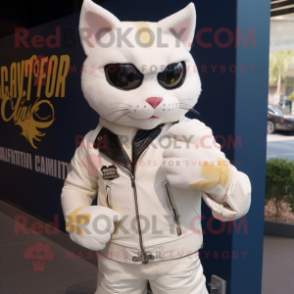 Cream Cat mascot costume character dressed with a Biker Jacket and Tie pins
