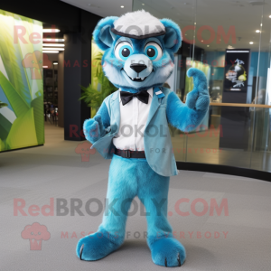 Cyan Lemur mascot costume character dressed with a Suit Pants and Shoe clips