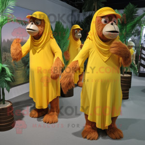 Yellow Orangutan mascot costume character dressed with a Maxi Dress and Caps