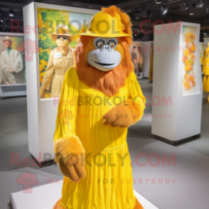 Yellow Orangutan mascot costume character dressed with a Maxi Dress and Caps