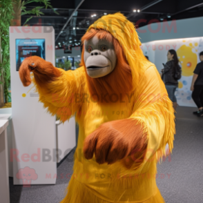 Yellow Orangutan mascot costume character dressed with a Maxi Dress and Caps
