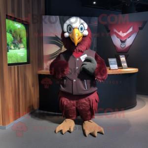 Maroon Vulture mascot costume character dressed with a V-Neck Tee and Wallets