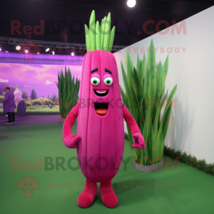 Magenta Asparagus mascot costume character dressed with a Jumpsuit and Hairpins