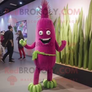 Magenta Asparagus mascot costume character dressed with a Jumpsuit and Hairpins