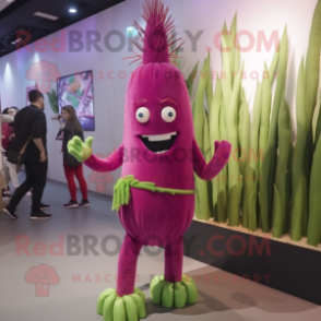 Magenta Asparagus mascot costume character dressed with a Jumpsuit and Hairpins