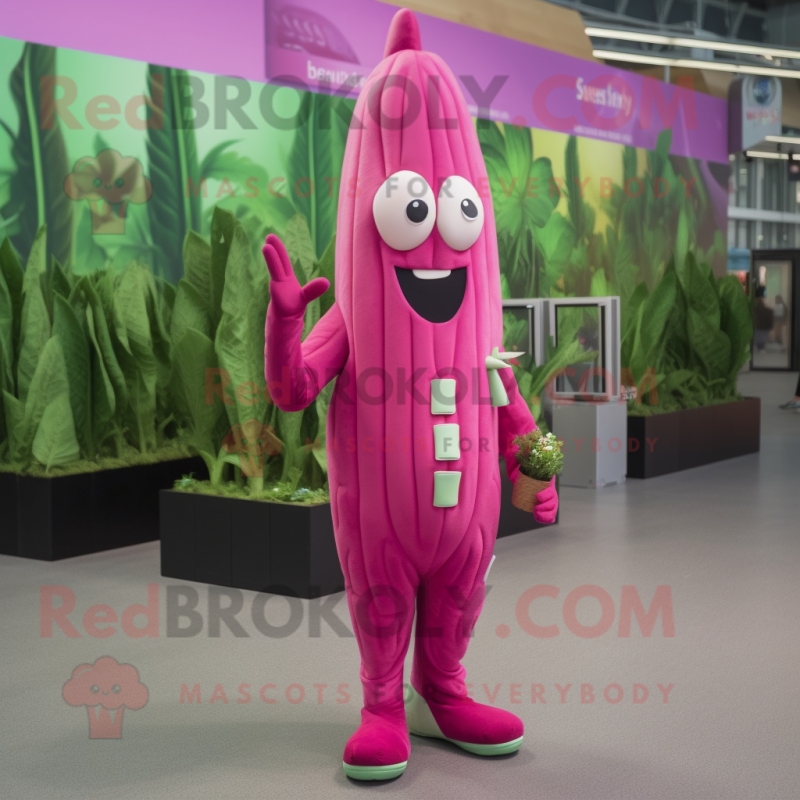 Magenta Asparagus mascot costume character dressed with a Jumpsuit and Hairpins Magenta Asparagus mascot costume character dressed with a Jumpsuit and Hairpins