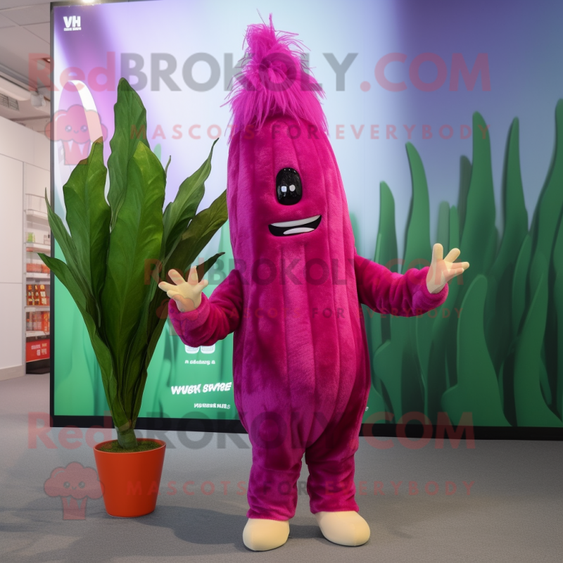 Magenta Asparagus mascot costume character dressed with a Jumpsuit and Hairpins Magenta Asparagus mascot costume character dressed with a Jumpsuit and Hairpins