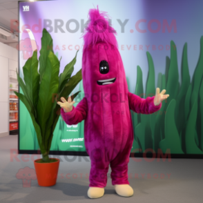 Magenta Asparagus mascot costume character dressed with a Jumpsuit and Hairpins