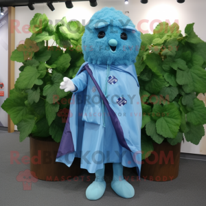 Sky Blue Grape mascot costume character dressed with a Raincoat and Scarves