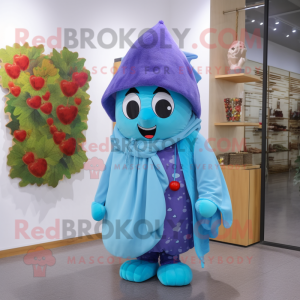 Sky Blue Grape mascot costume character dressed with a Raincoat and Scarves