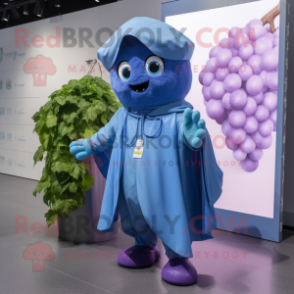 Sky Blue Grape mascot costume character dressed with a Raincoat and Scarves