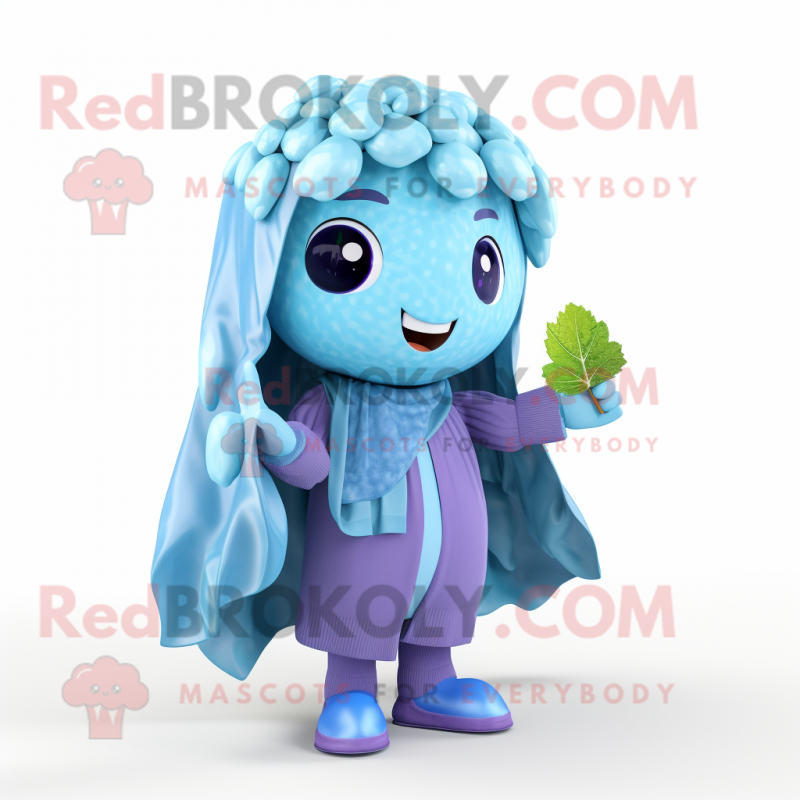 Sky Blue Grape mascot costume character dressed with a Raincoat and Scarves Sky Blue Grape mascot costume character dressed with a Raincoat and Scarves