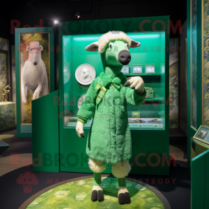 Green Sheep mascot costume character dressed with a Shift Dress and Lapel pins
