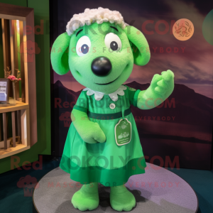 Green Sheep mascot costume character dressed with a Shift Dress and Lapel pins