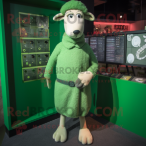 Green Sheep mascot costume character dressed with a Shift Dress and Lapel pins