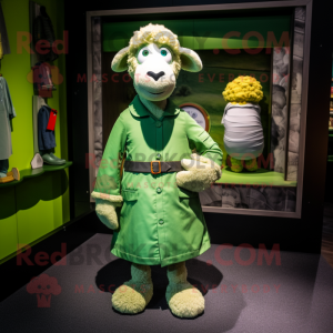 Green Sheep mascot costume character dressed with a Shift Dress and Lapel pins