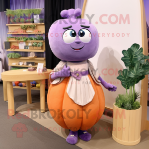 Lavender Squash mascot costume character dressed with a Pencil Skirt and Necklaces