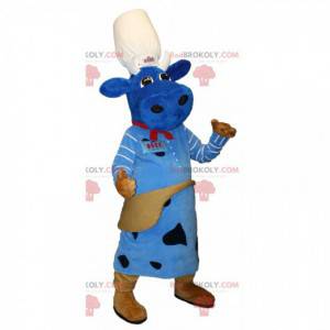 Maskotblå ko med en kockhatt. Macotte Duke Factory -