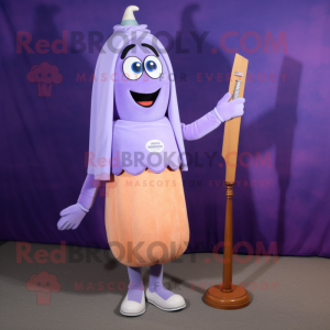 Lavender Squash mascot costume character dressed with a Pencil Skirt and Necklaces