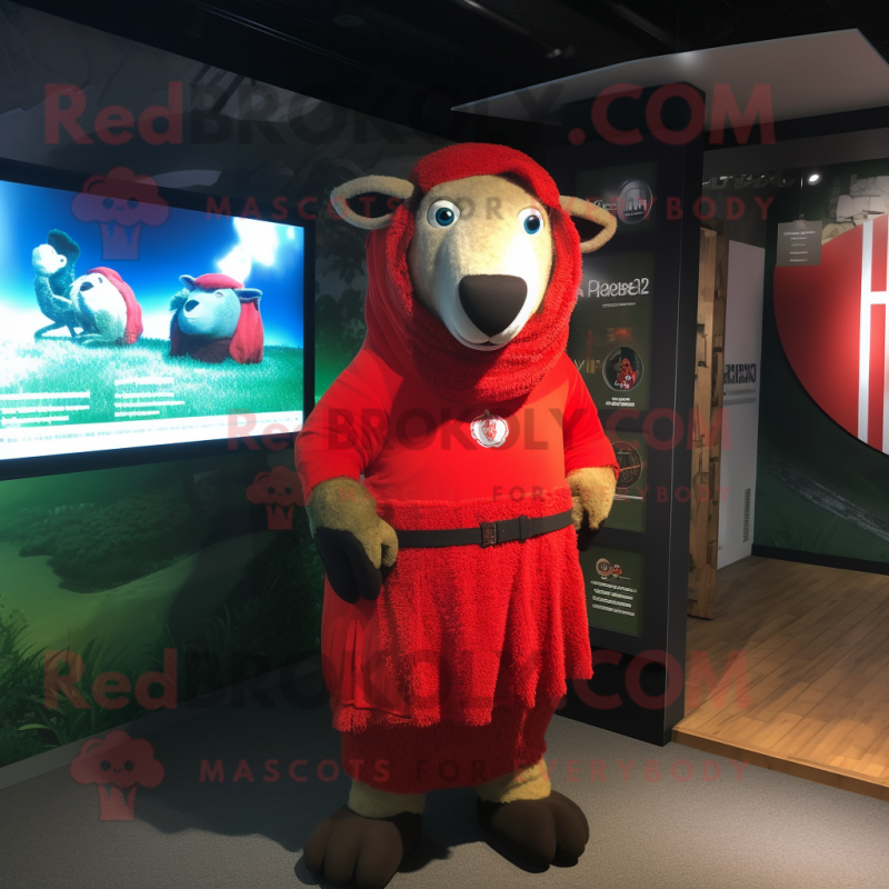 Red Suffolk Sheep mascot costume character dressed with a Rash Guard and Shawls