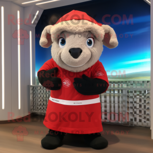 Red Suffolk Sheep mascot costume character dressed with a Rash Guard and Shawls