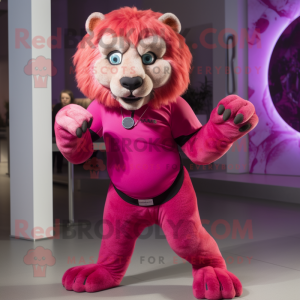 Magenta Smilodon mascot costume character dressed with a Leggings and Bracelets