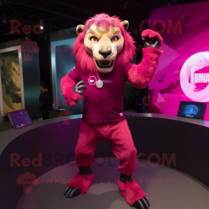 Magenta Smilodon mascot costume character dressed with a Leggings and Bracelets