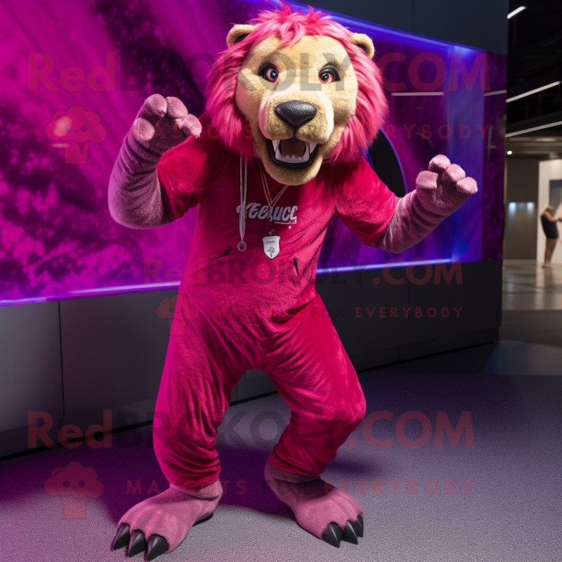 Magenta Smilodon mascot costume character dressed with a Leggings and Bracelets Magenta Smilodon mascot costume character dressed with a Leggings and Bracelets
