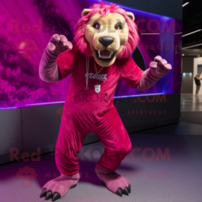 Magenta Smilodon mascot costume character dressed with a Leggings and Bracelets