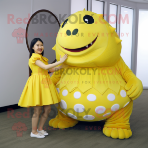 Lemon Yellow Glyptodon mascot costume character dressed with a Circle Skirt and Foot pads