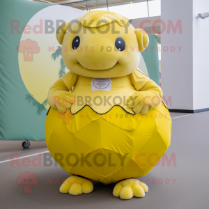 Lemon Yellow Glyptodon mascot costume character dressed with a Circle Skirt and Foot pads