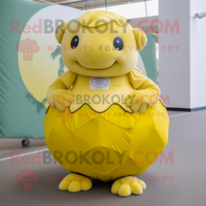 Lemon Yellow Glyptodon mascot costume character dressed with a Circle Skirt and Foot pads