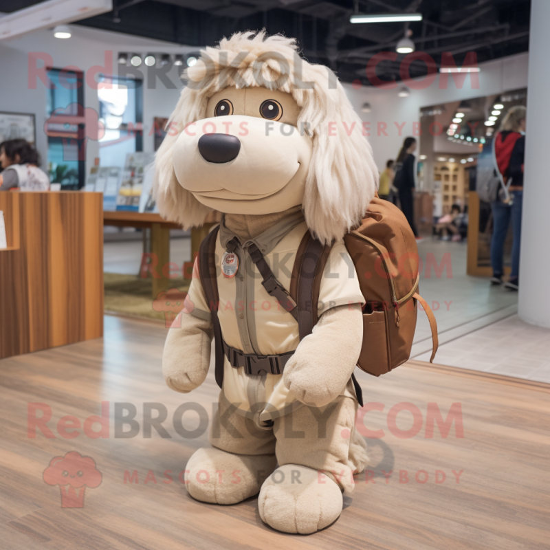 Beige Dog mascot costume character dressed with a Suit Pants and Backpacks