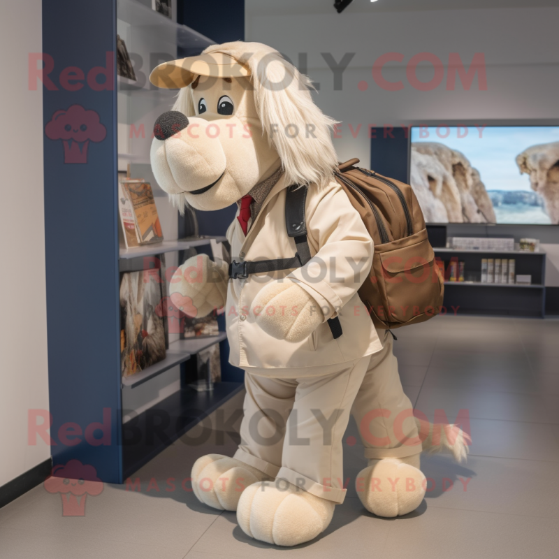 Beige Dog mascot costume character dressed with a Suit Pants and Backpacks Beige Dog mascot costume character dressed with a Suit Pants and Backpacks