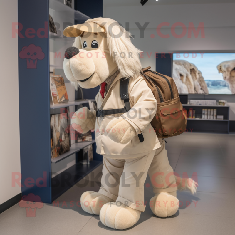 Beige Dog mascot costume character dressed with a Suit Pants and Backpacks