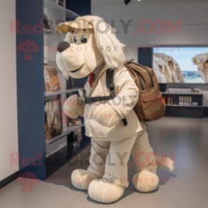 Beige Dog mascot costume character dressed with a Suit Pants and Backpacks