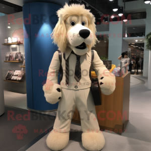 Beige Dog mascot costume character dressed with a Suit Pants and Backpacks