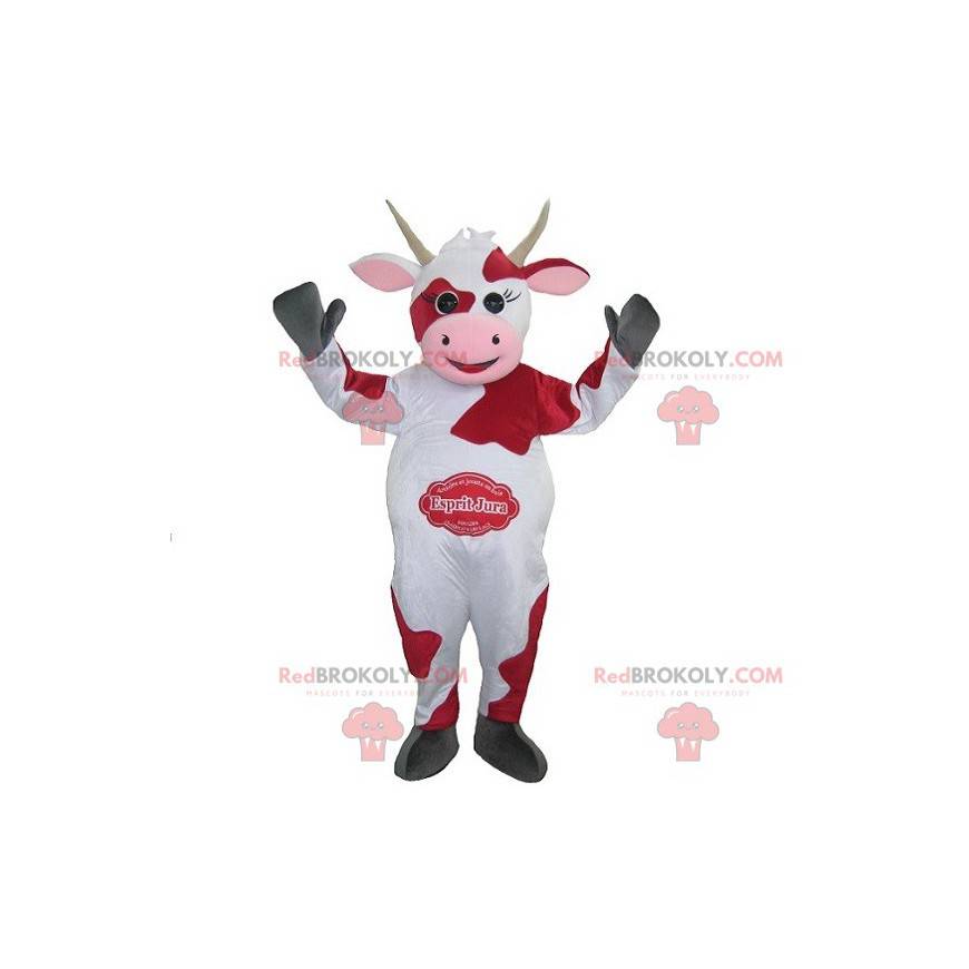 Mascote de vaca branca e vermelha. Mascote Jura Spirit -
