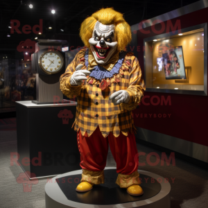 Gold Evil Clown mascot costume character dressed with a Flannel Shirt and Bracelet watches