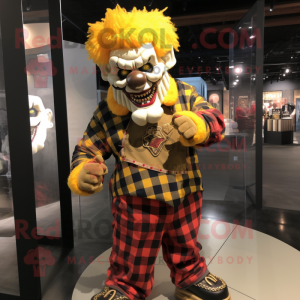 Gold Evil Clown mascot costume character dressed with a Flannel Shirt and Bracelet watches