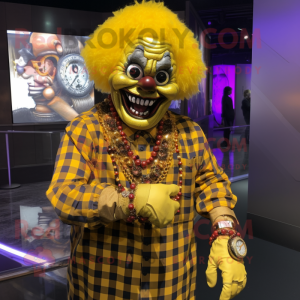 Gold Evil Clown mascot costume character dressed with a Flannel Shirt and Bracelet watches