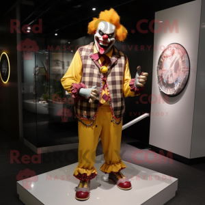 Gold Evil Clown mascot costume character dressed with a Flannel Shirt and Bracelet watches