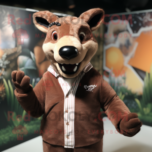 Brown Thylacosmilus mascot costume character dressed with a Sweater and Lapel pins